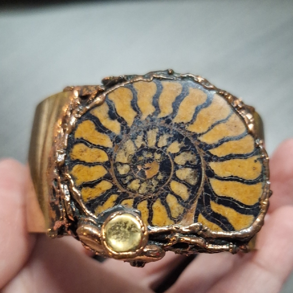 Large Chunky Ammonite Fossil Gemstone on Metal Cuff Bracelet